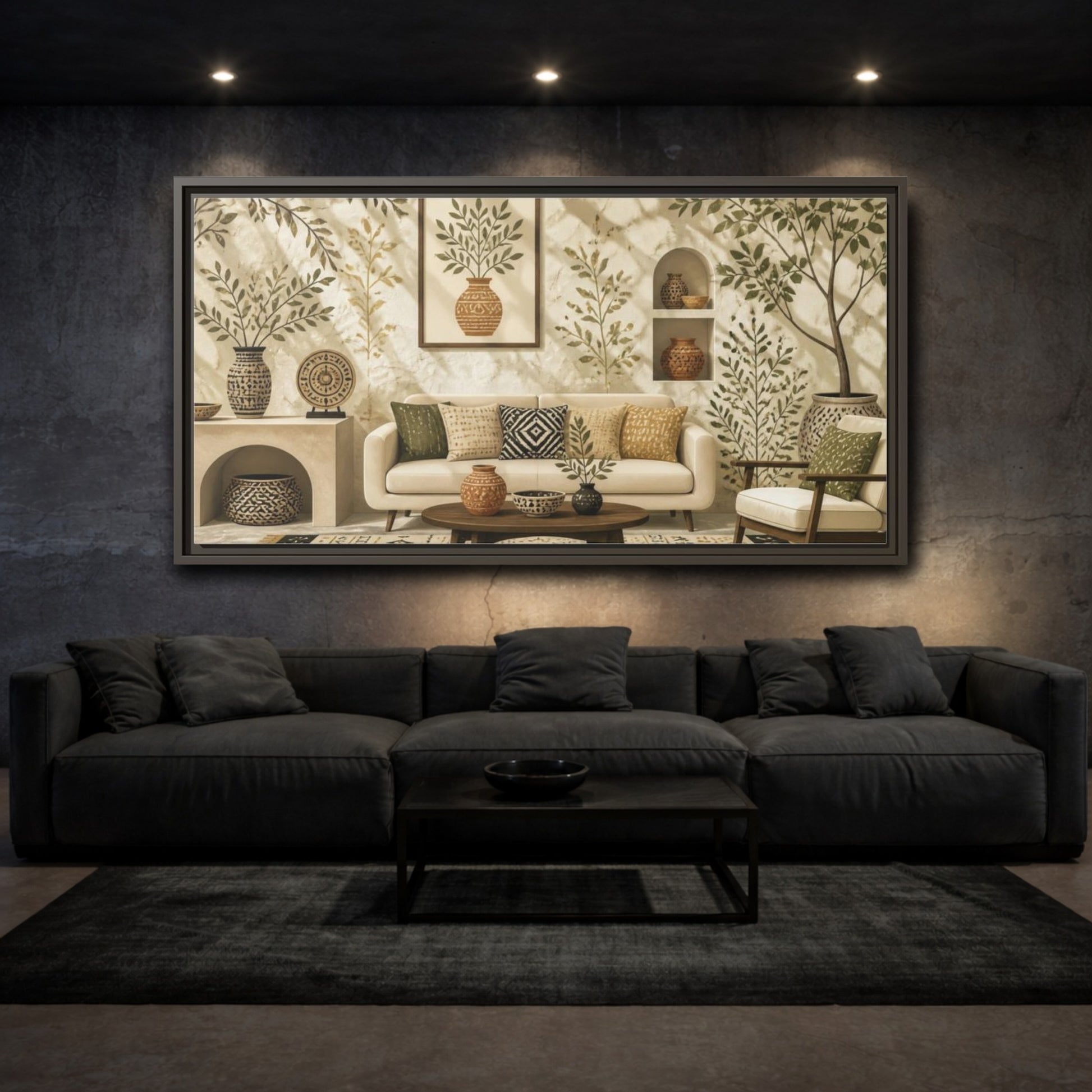 Mockup 3. Living Room Olive Vase shown as framed canvas print