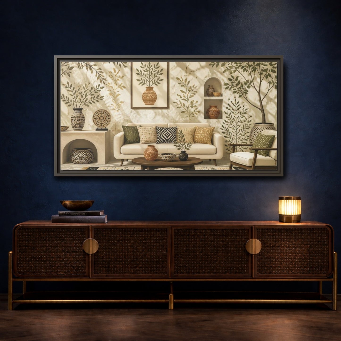 Mockup 4. Living Room Olive Vase shown as framed canvas print