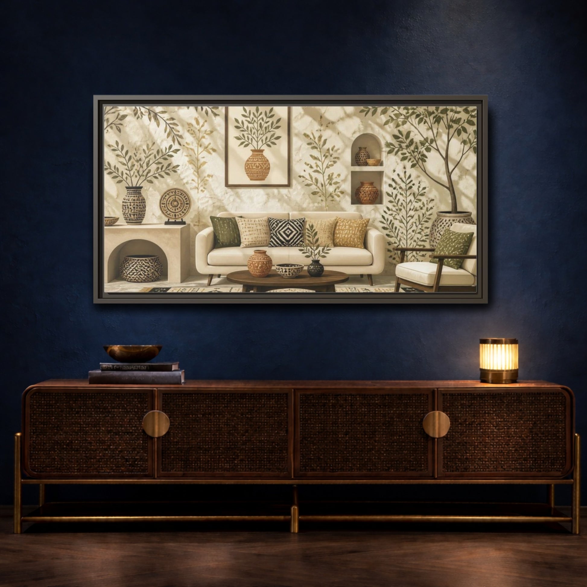 Mockup 4. Living Room Olive Vase shown as framed canvas print