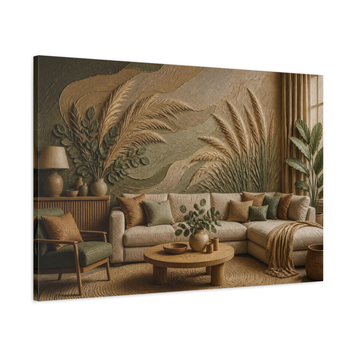 Main Mockup. Living Room Pampas Grass shown as canvas print
