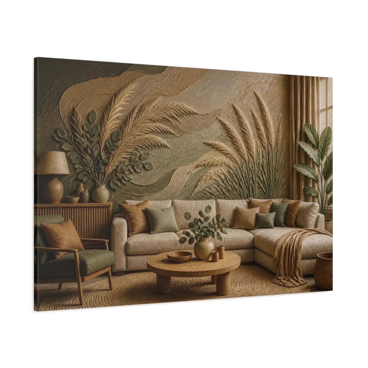 Side Mockup 1. Living Room Pampas Grass shown as canvas print