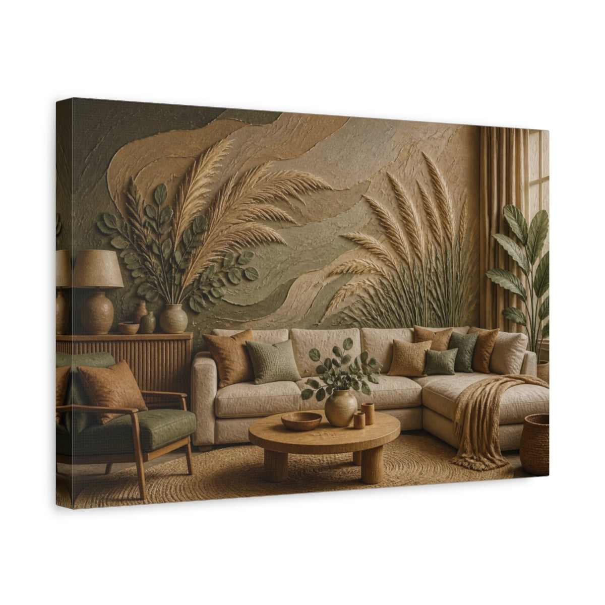 Side Mockup 4. Living Room Pampas Grass shown as canvas print