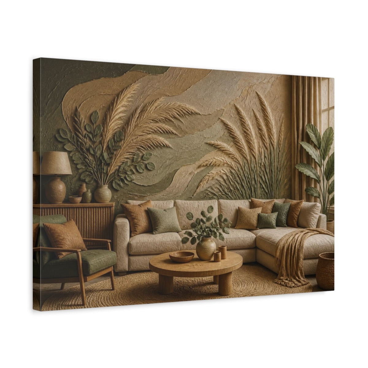 Side Mockup 3. Living Room Pampas Grass shown as canvas print
