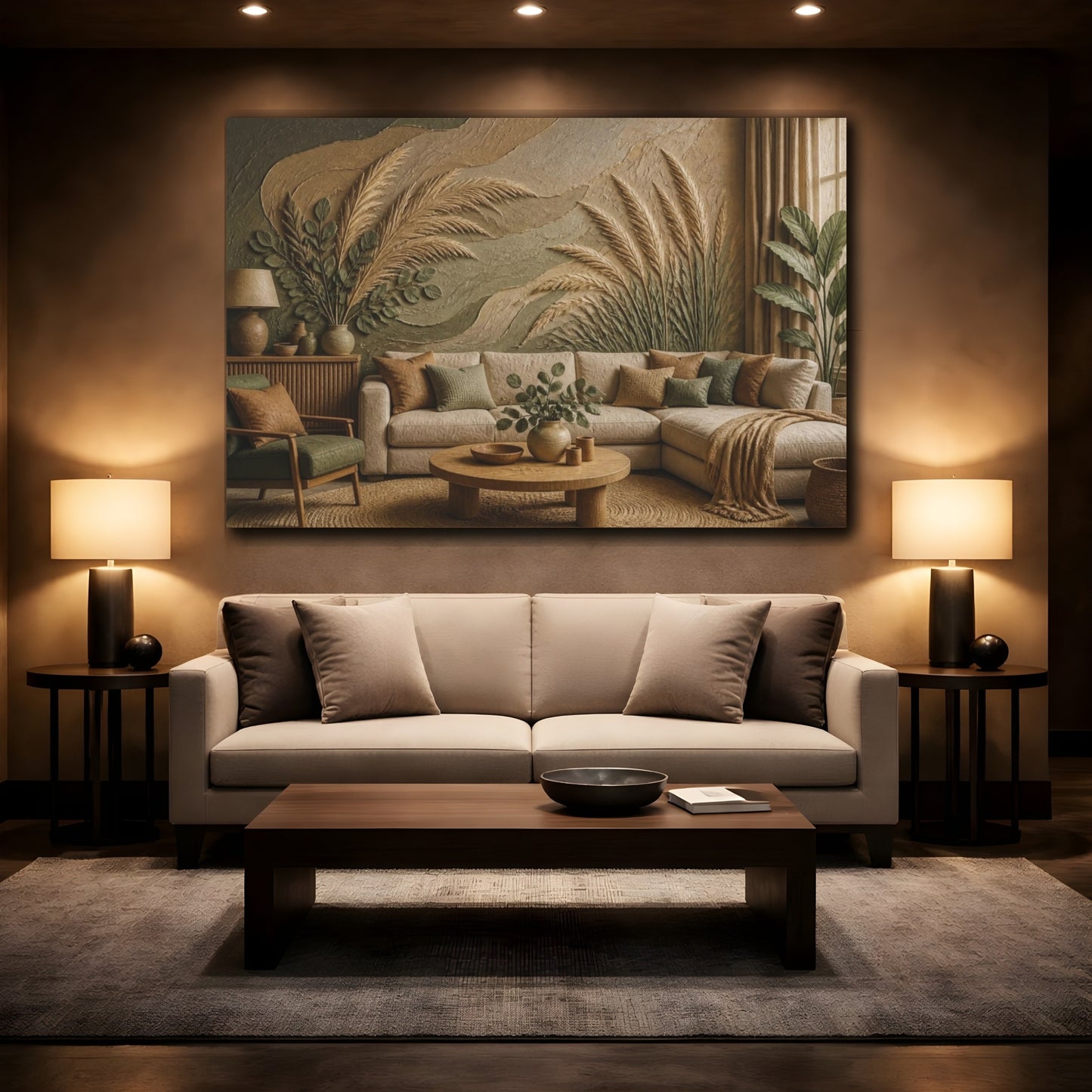 Mockup 2. Living Room Pampas Grass shown as canvas print