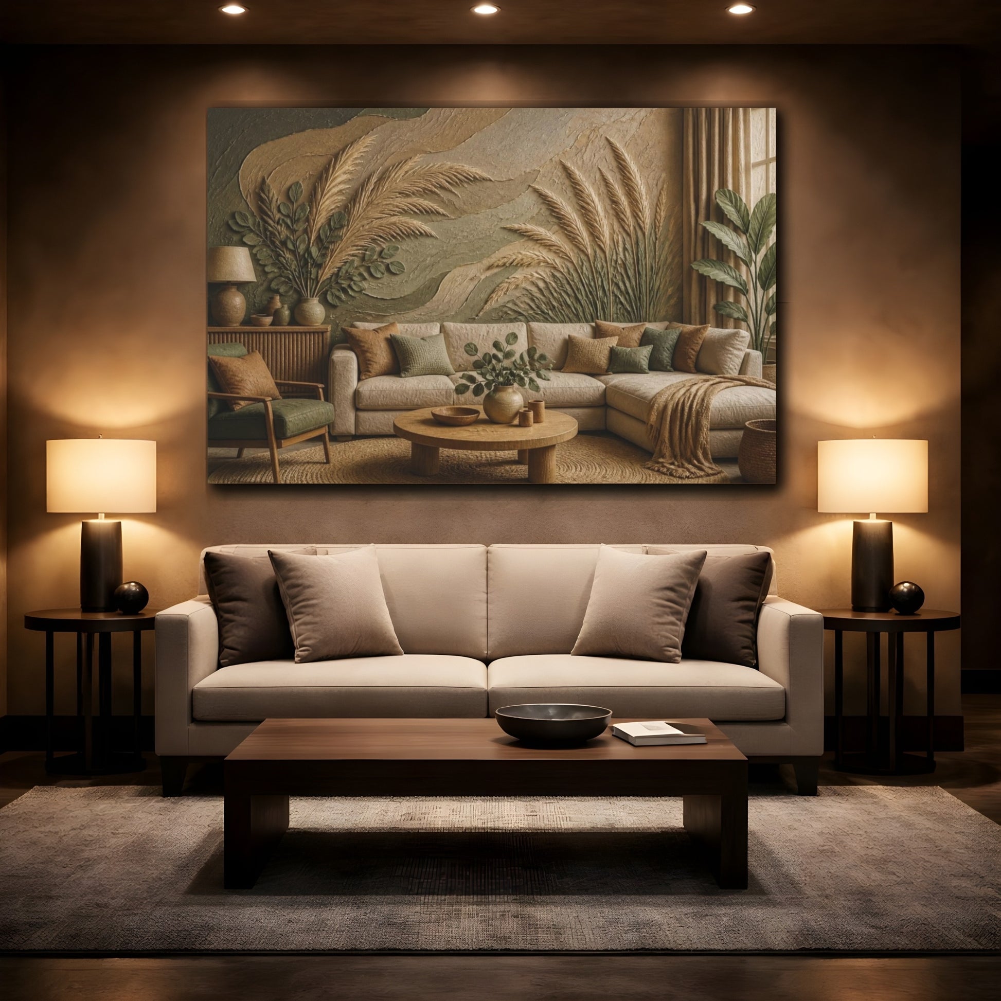 Mockup 2. Living Room Pampas Grass shown as canvas print