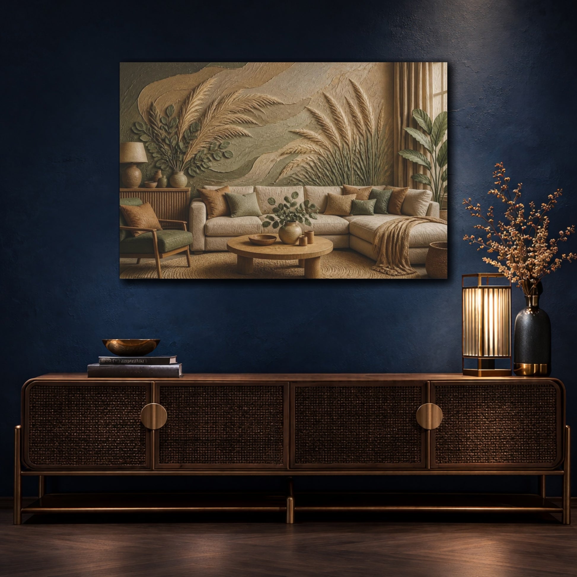 Mockup 4. Living Room Pampas Grass shown as canvas print