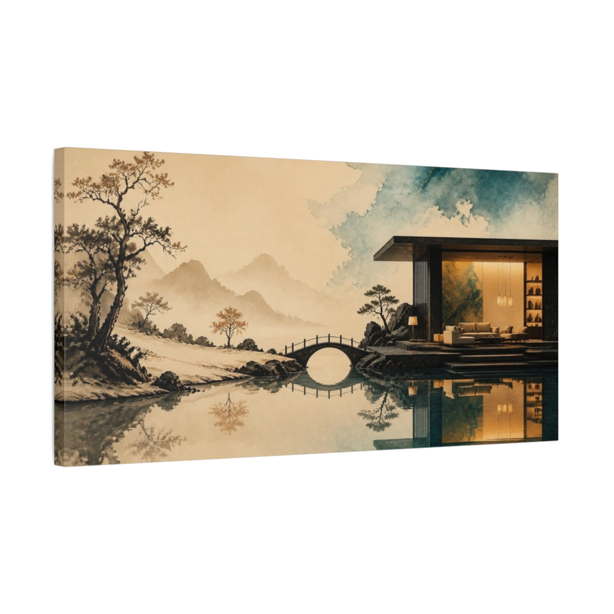 Side Mockup 1. Living Room Pavilion Reflection shown as canvas print