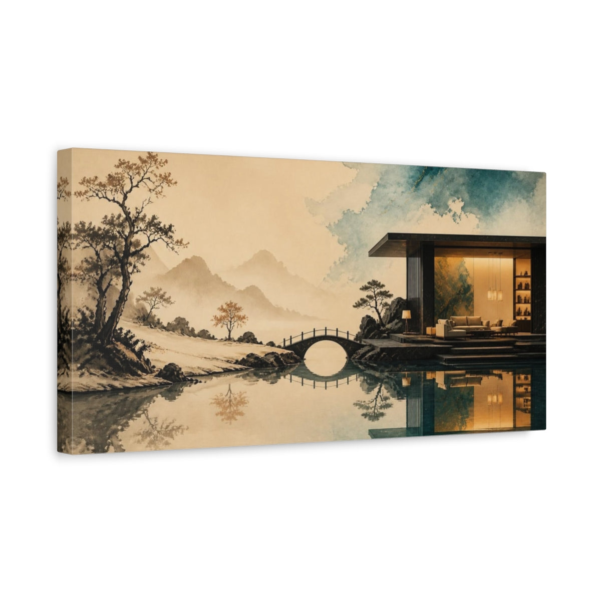Side Mockup 3. Living Room Pavilion Reflection shown as canvas print