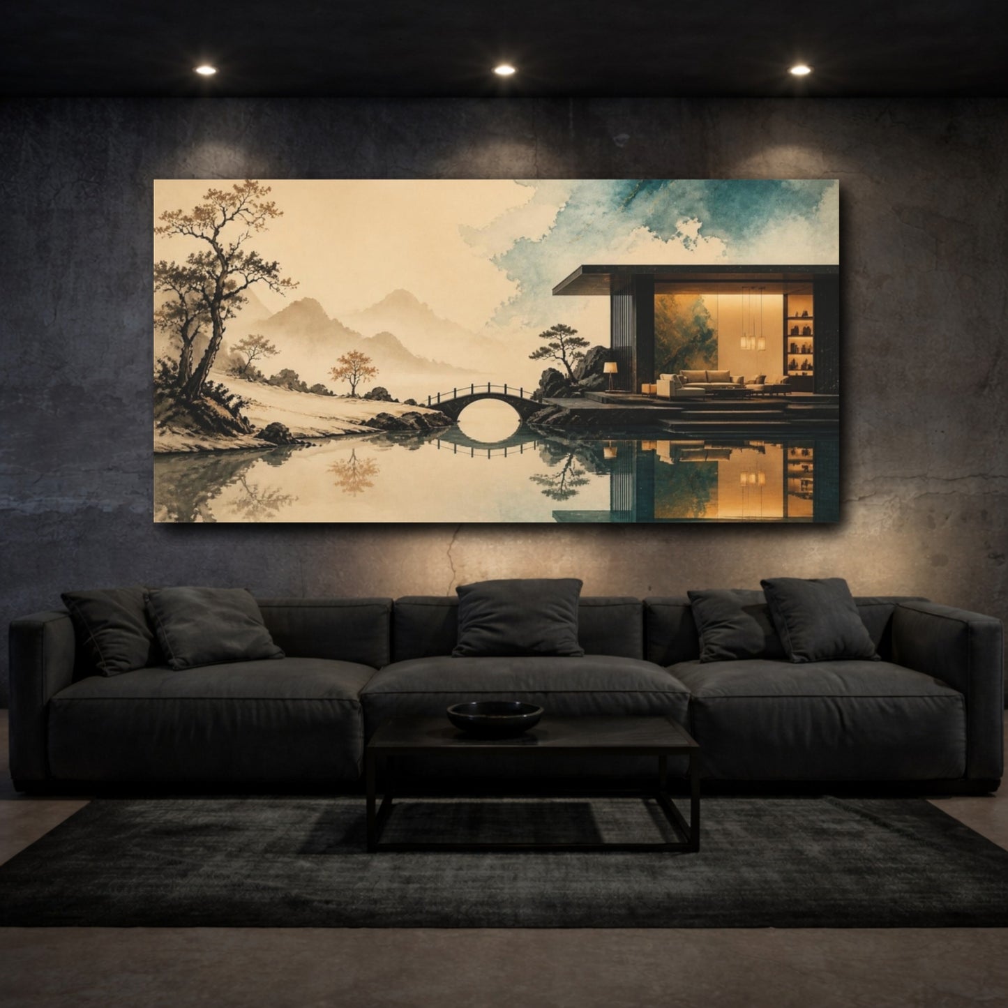 Mockup 3. Living Room Pavilion Reflection shown as canvas print