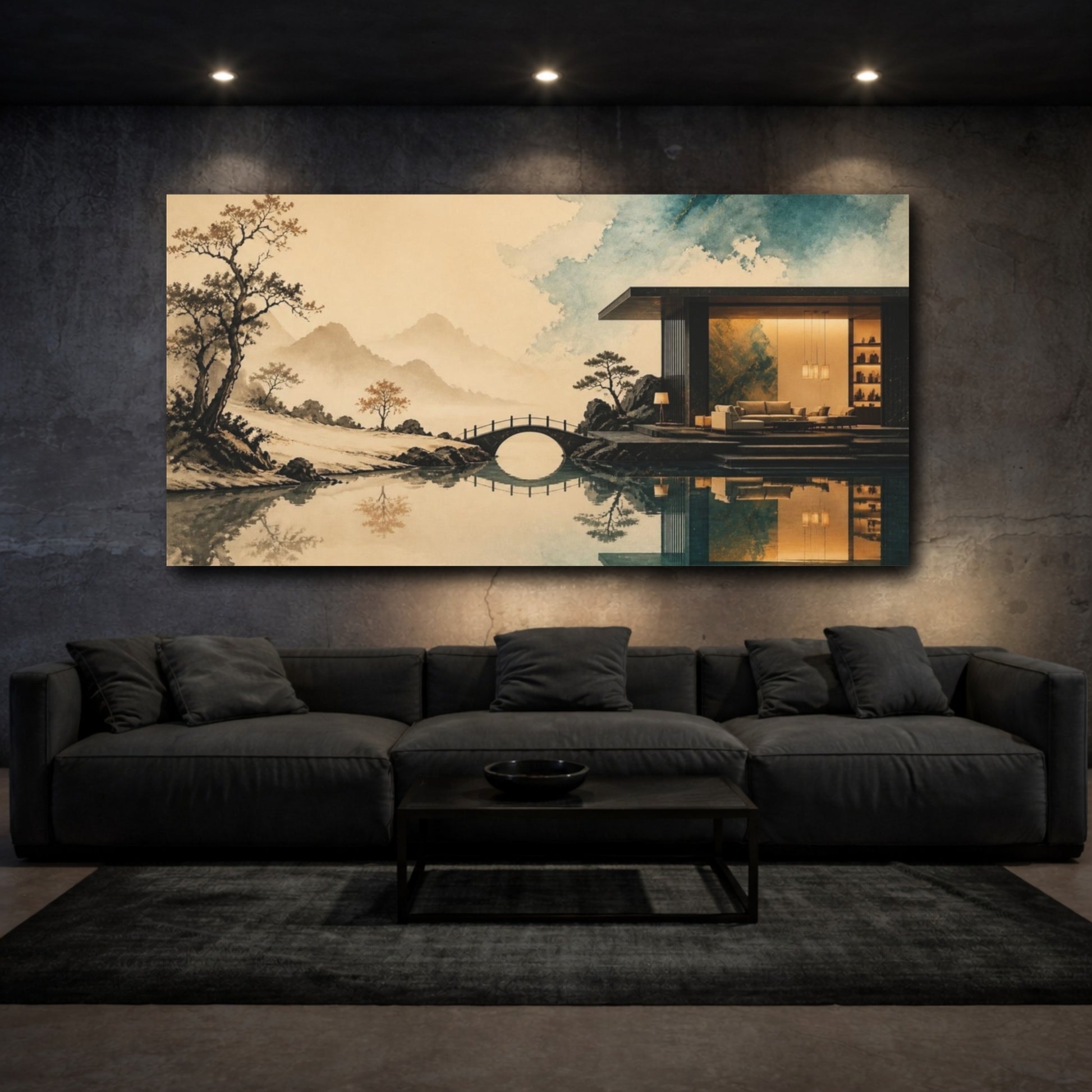 Mockup 3. Living Room Pavilion Reflection shown as canvas print