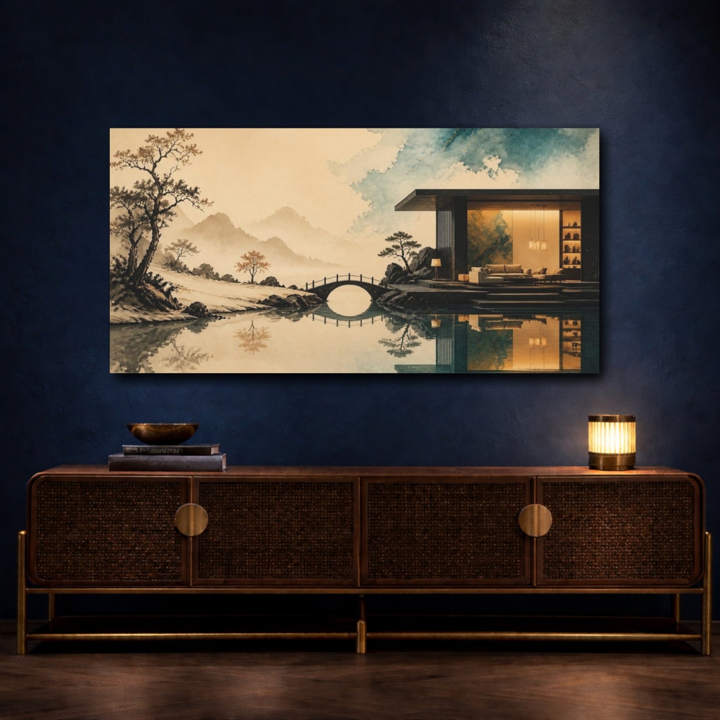 Mockup 4. Living Room Pavilion Reflection shown as canvas print