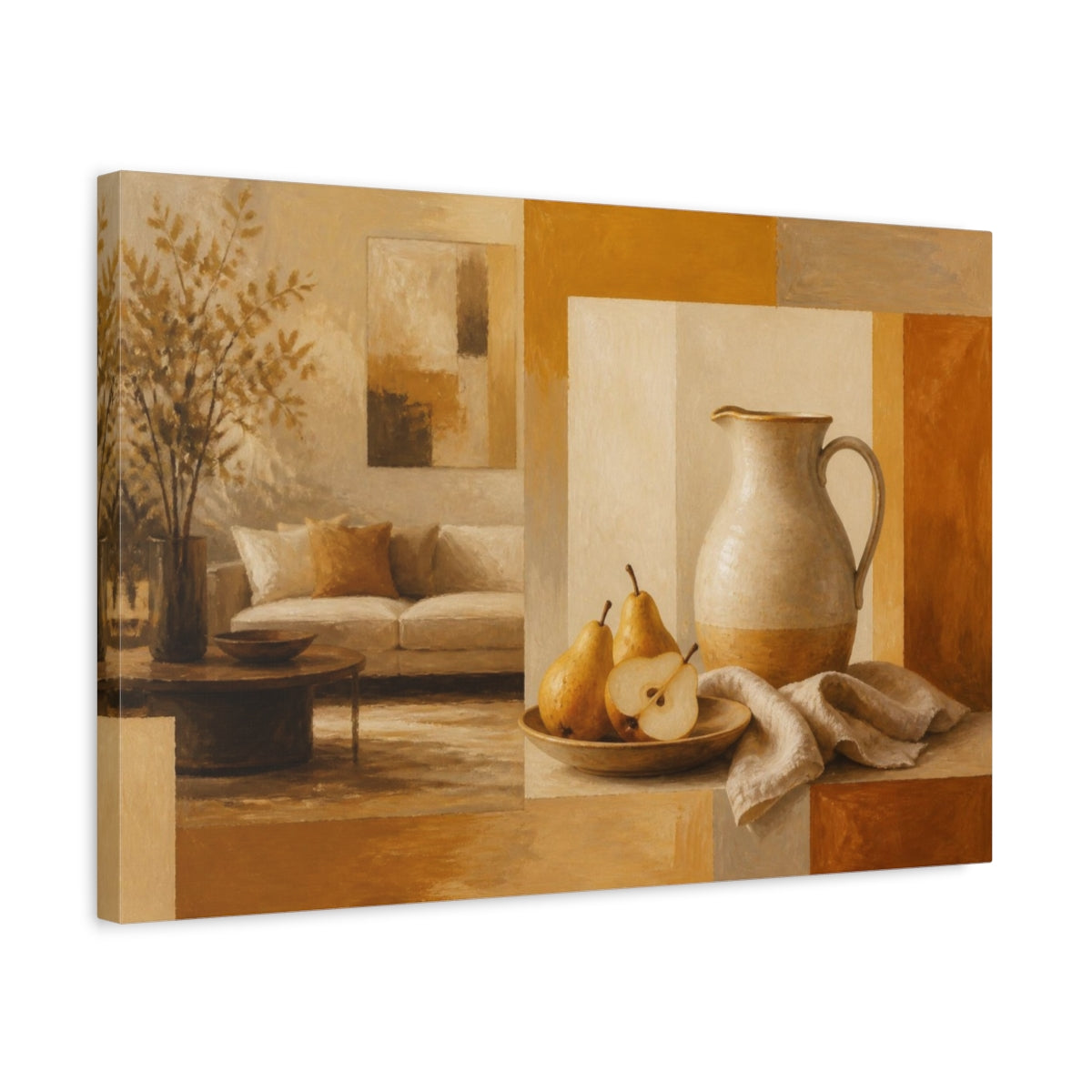 Side Mockup 3. Living Room Pear Pitcher shown as canvas print