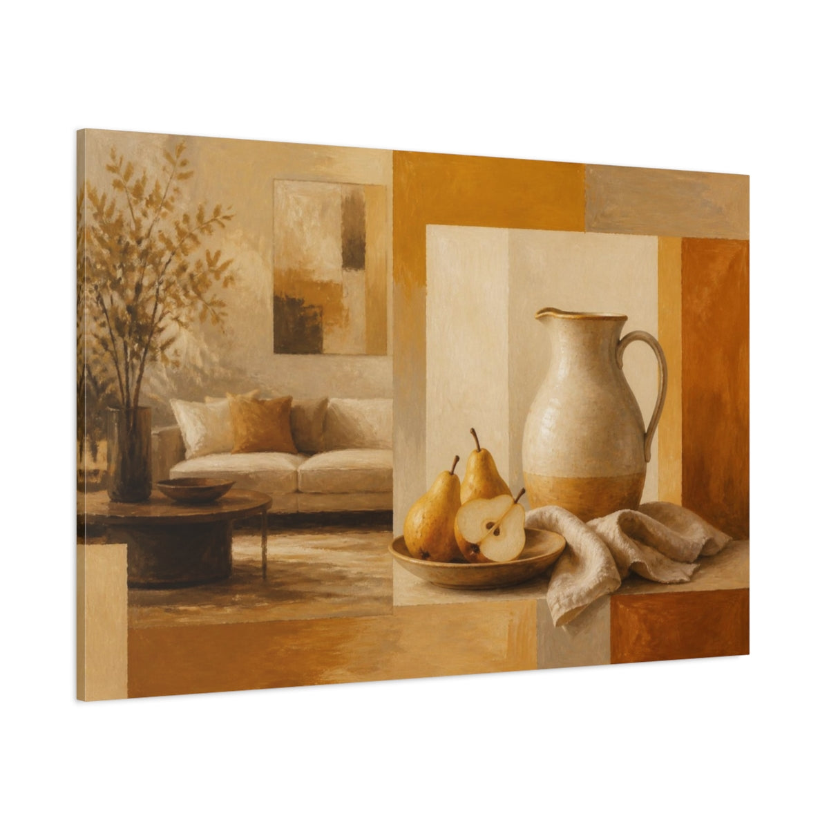 Side Mockup 1. Living Room Pear Pitcher shown as canvas print