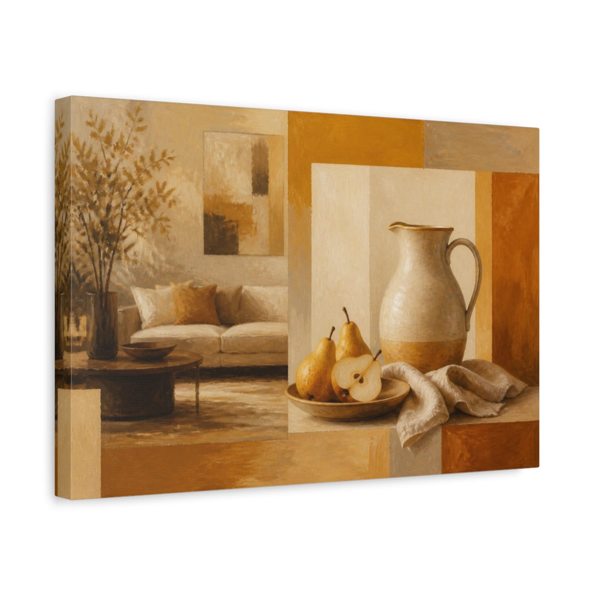 Side Mockup 4. Living Room Pear Pitcher shown as canvas print