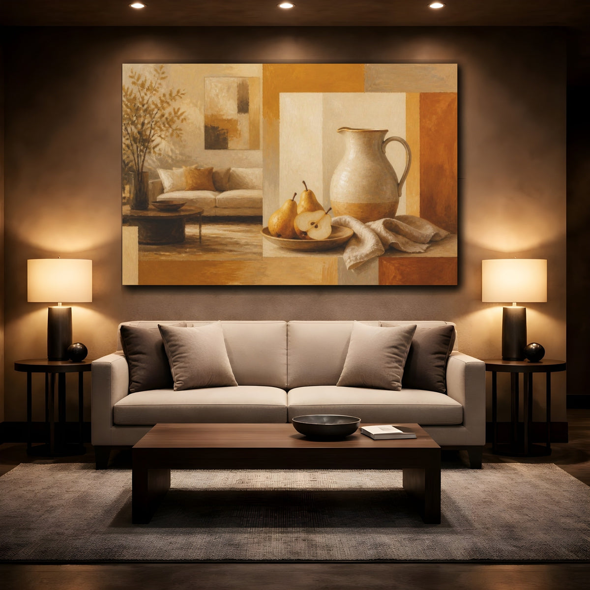 Mockup 2. Living Room Pear Pitcher shown as canvas print
