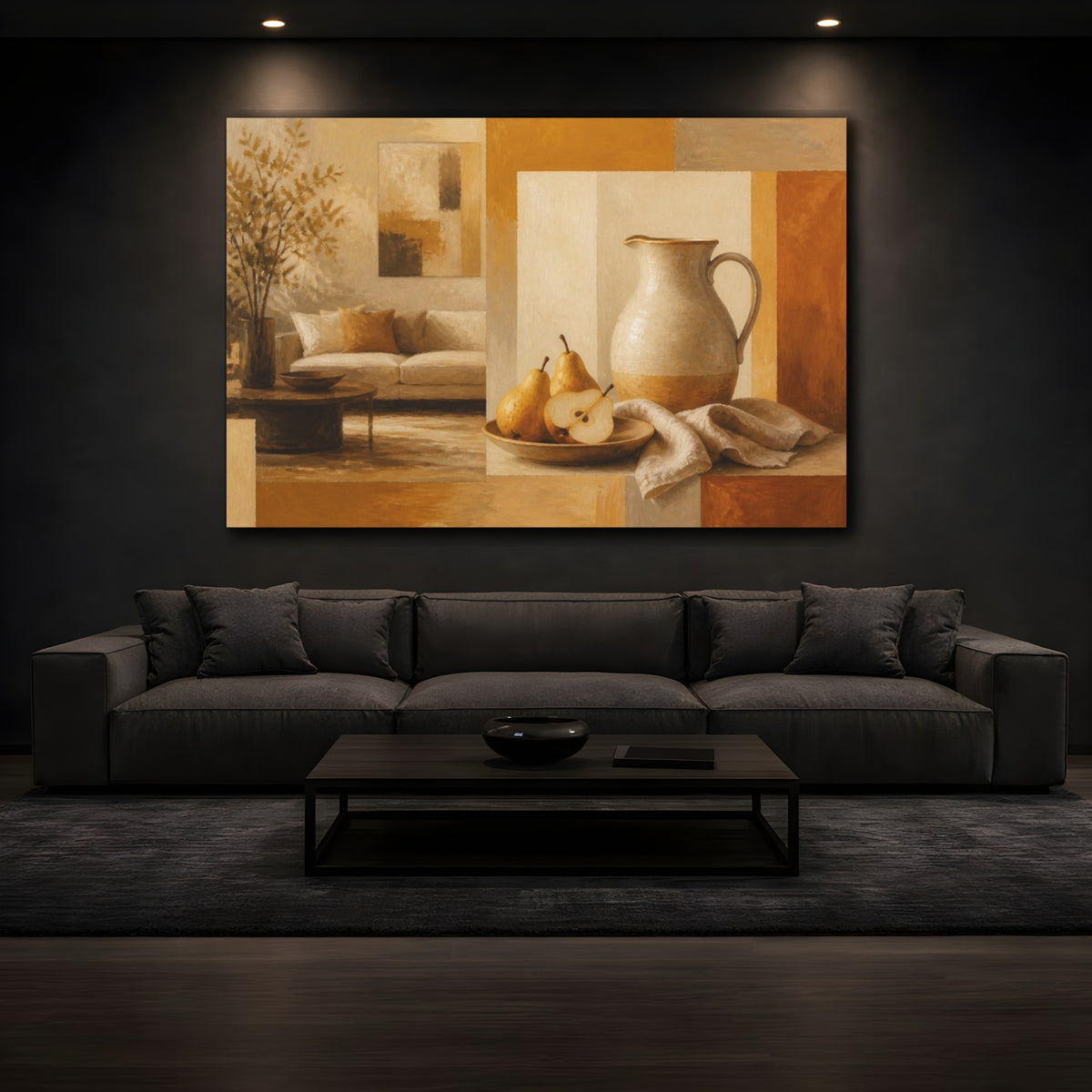 Mockup 3. Living Room Pear Pitcher shown as canvas print