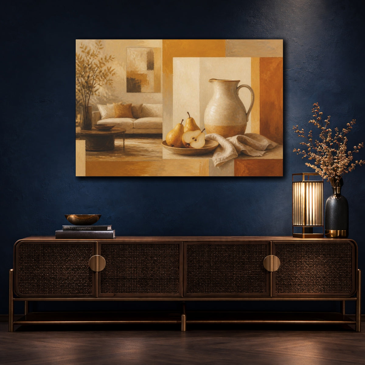 Mockup 4. Living Room Pear Pitcher shown as canvas print