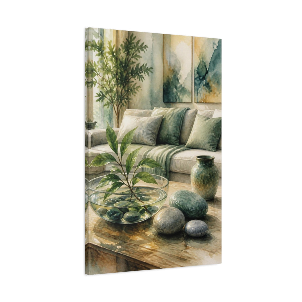 Main Mockup. Living Room Pebble Bowl shown as canvas print