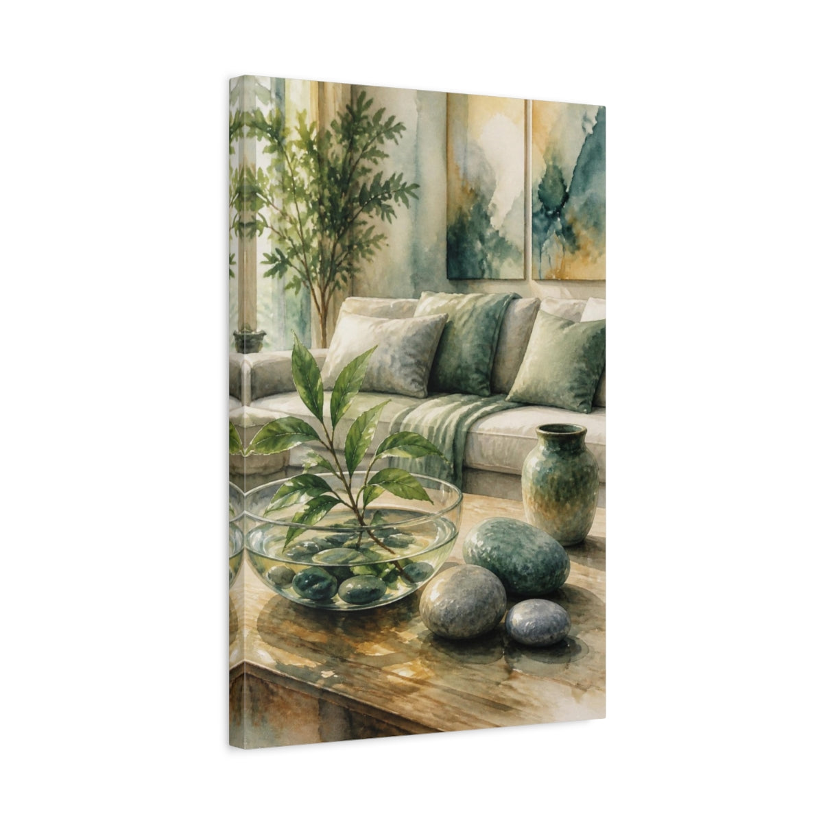 Side Mockup 3. Living Room Pebble Bowl shown as canvas print