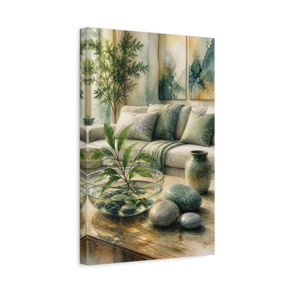 Side Mockup 4. Living Room Pebble Bowl shown as canvas print