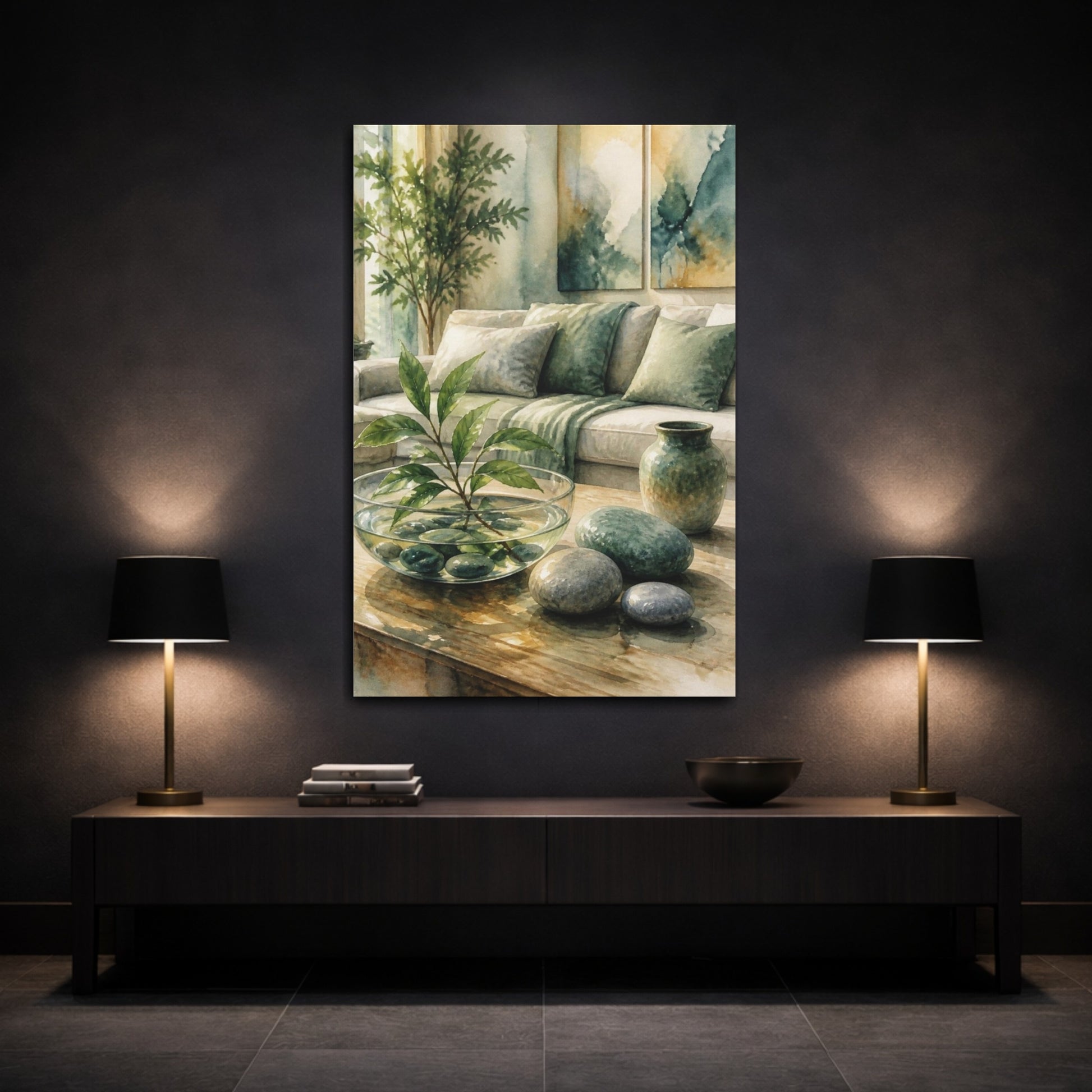 Mockup 3. Living Room Pebble Bowl shown as canvas print