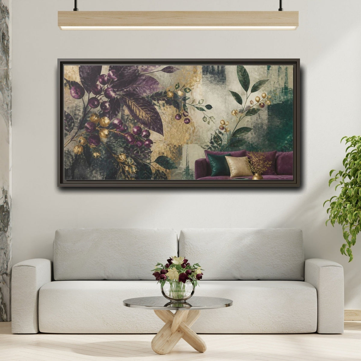 Living Room Plum Berries Framed Canvas Print – Above Couch, Emerald, Antique Gold - YesArtYes