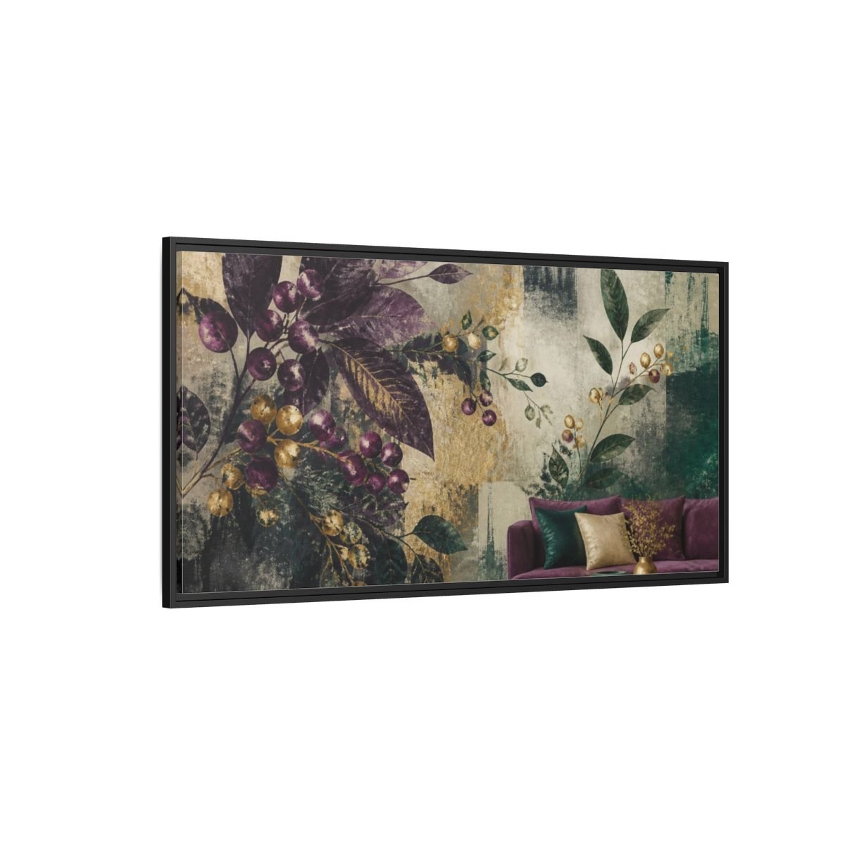 Living Room Plum Berries Framed Canvas Print – Above Couch, Emerald, Antique Gold - YesArtYes