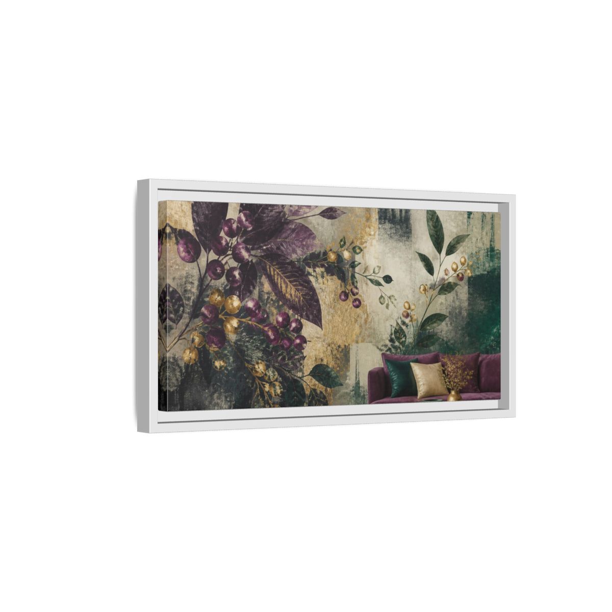 Side Mockup 6. Living Room Plum Berries shown as framed canvas print