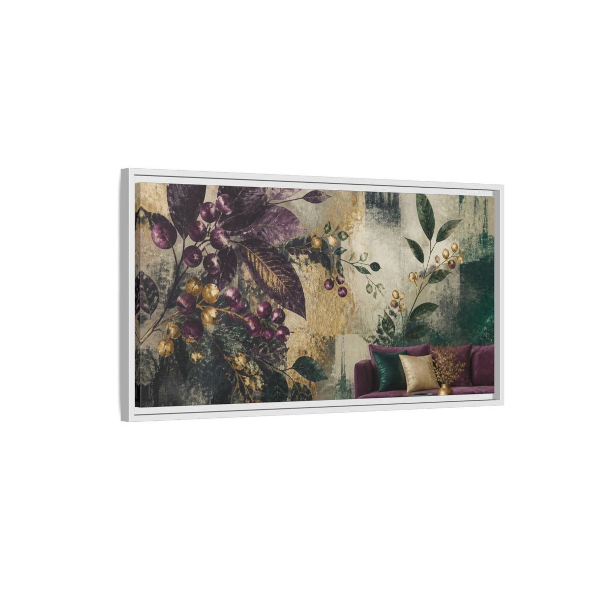 Side Mockup 1. Living Room Plum Berries shown as framed canvas print