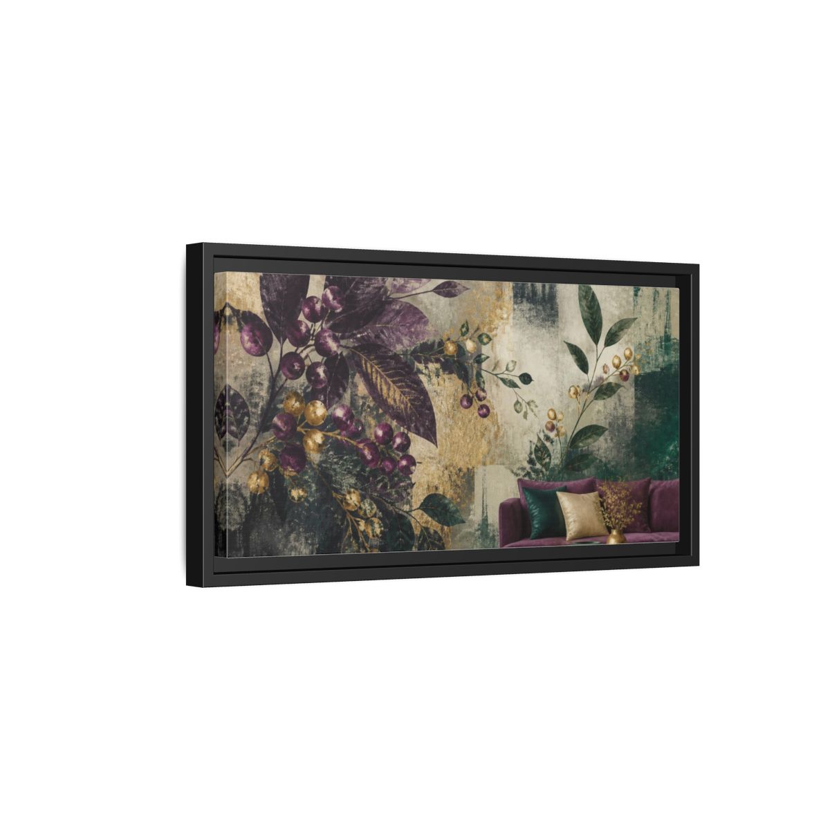Side Mockup 8. Living Room Plum Berries shown as framed canvas print