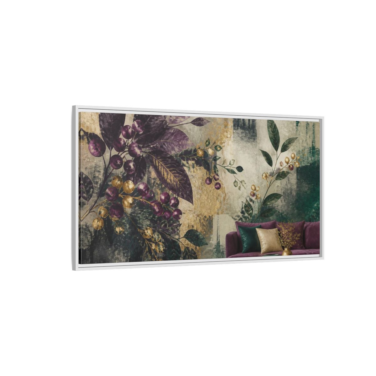 Side Mockup 3. Living Room Plum Berries shown as framed canvas print