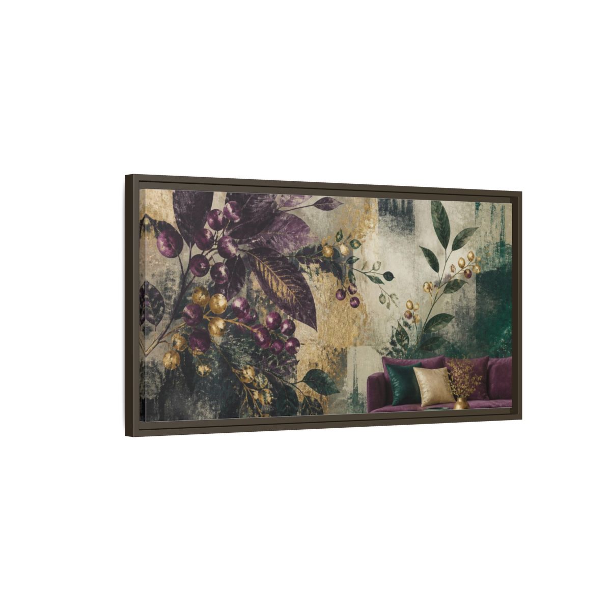Main Mockup. Living Room Plum Berries shown as framed canvas print
