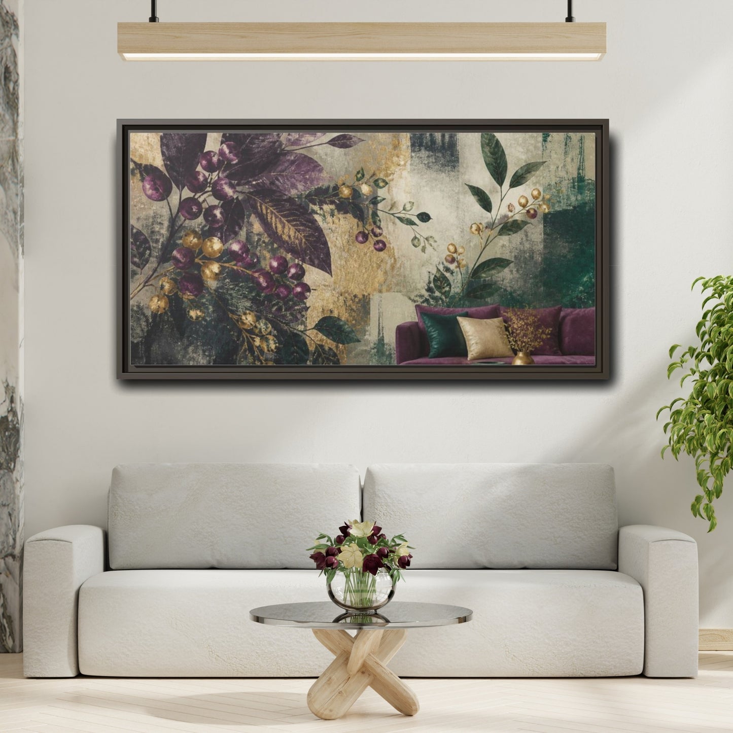 Mockup 2. Living Room Plum Berries shown as framed canvas print