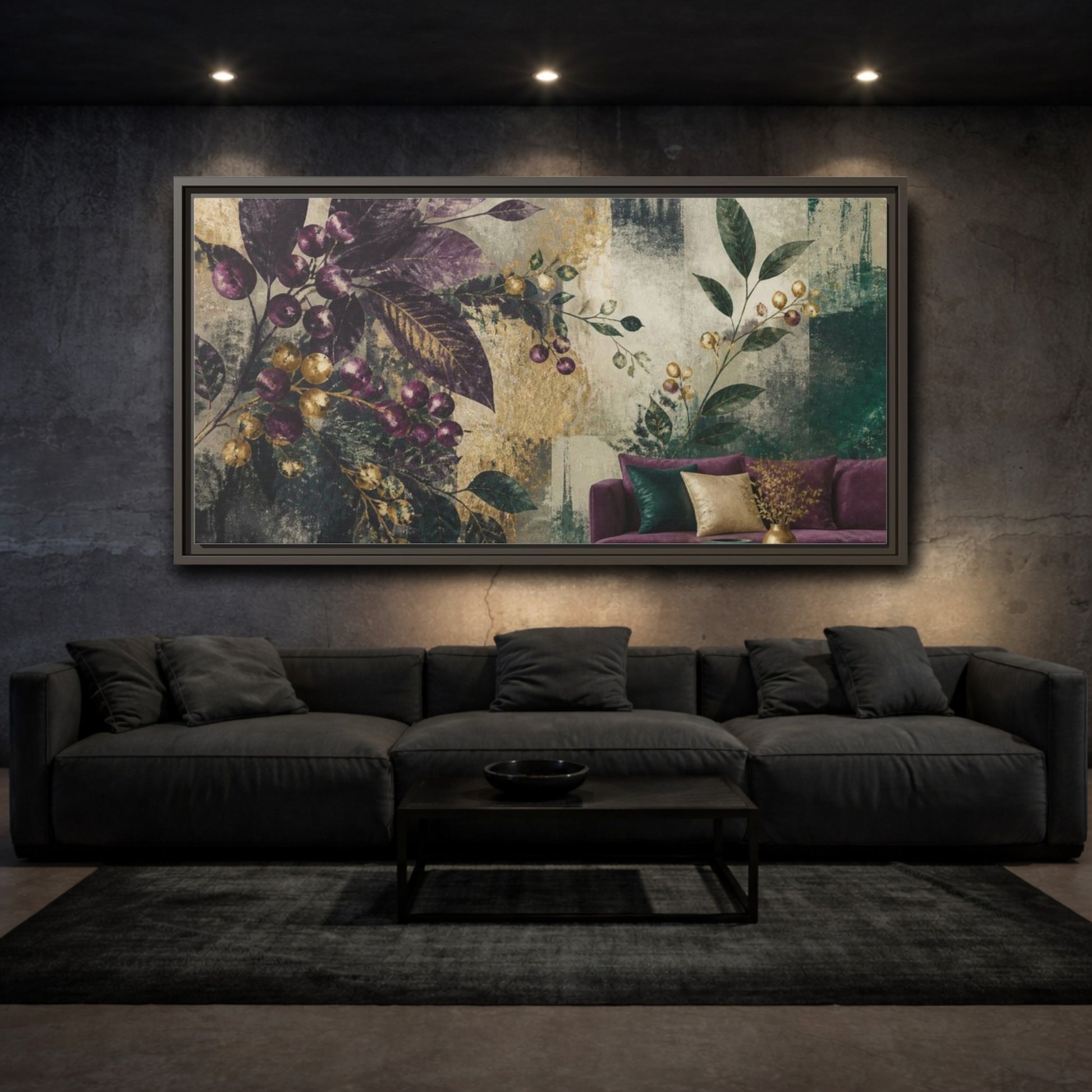 Mockup 3. Living Room Plum Berries shown as framed canvas print