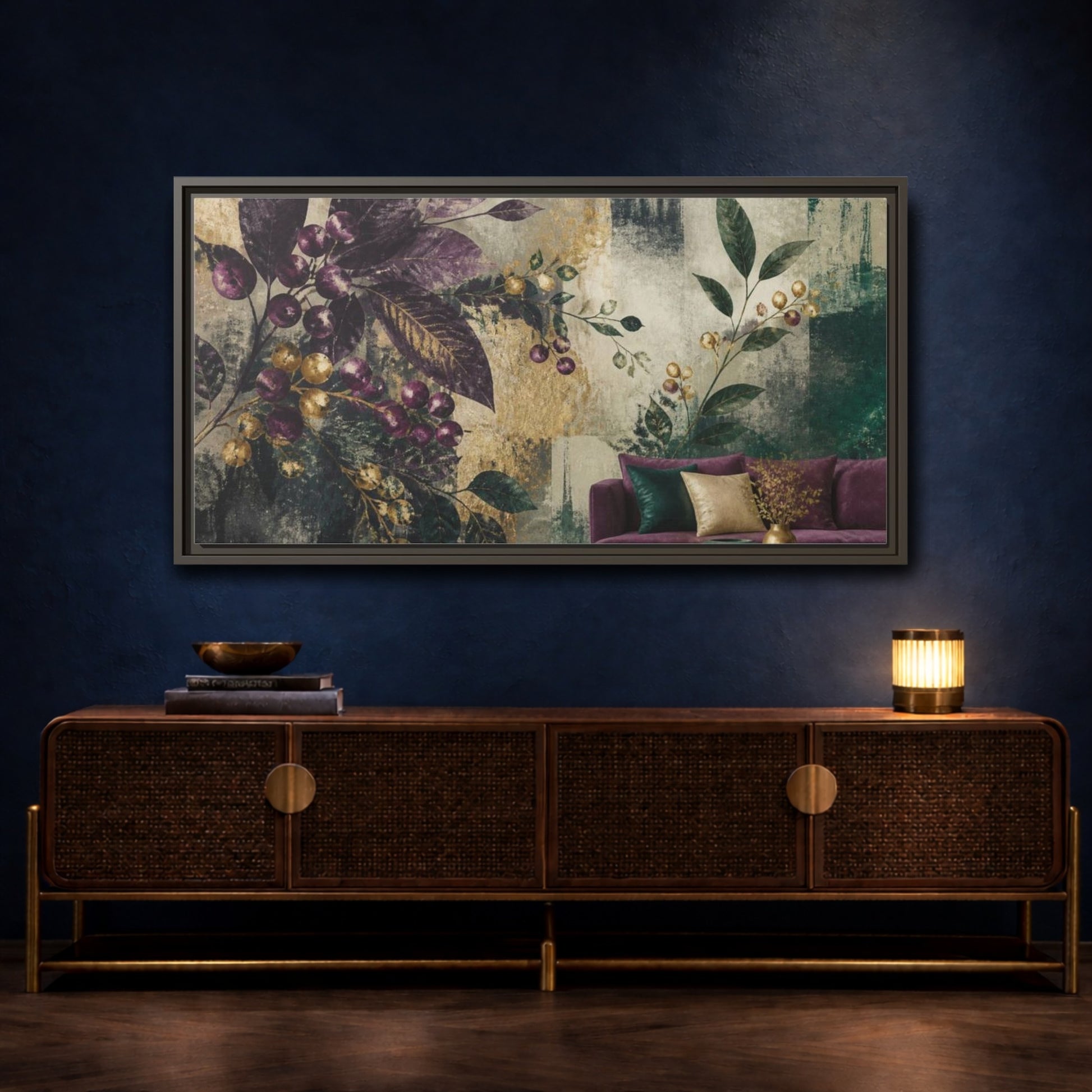 Mockup 4. Living Room Plum Berries shown as framed canvas print