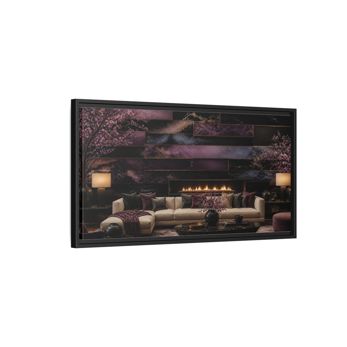 Side Mockup 2. Living Room Plum Panel Fireplace shown as framed canvas print