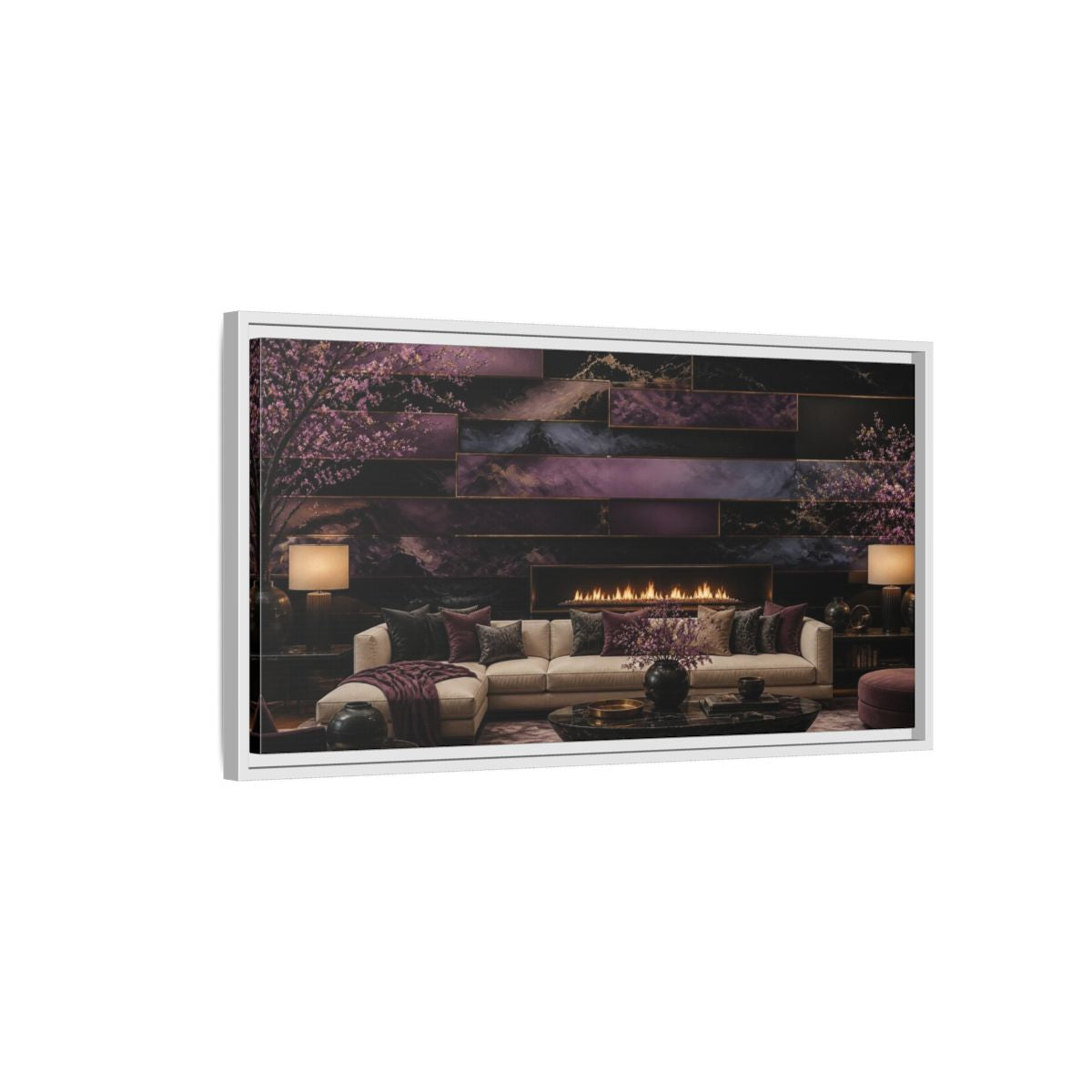 Side Mockup 1. Living Room Plum Panel Fireplace shown as framed canvas print