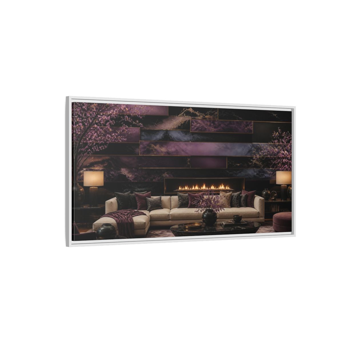 Side Mockup 3. Living Room Plum Panel Fireplace shown as framed canvas print