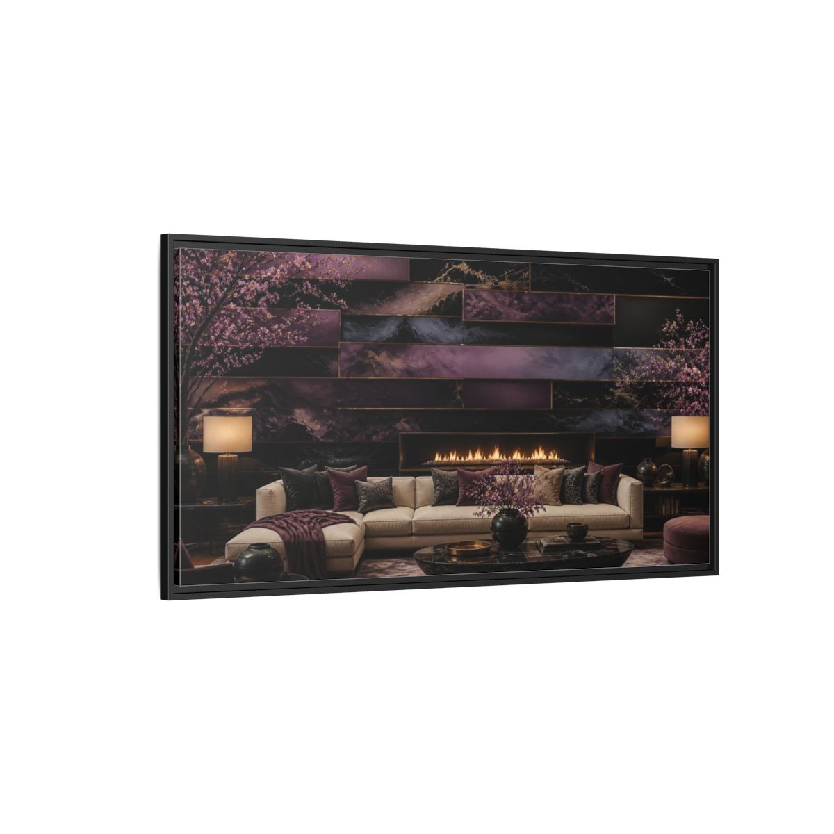 Side Mockup 5. Living Room Plum Panel Fireplace shown as framed canvas print