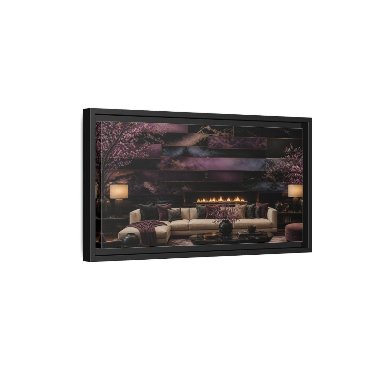 Side Mockup 8. Living Room Plum Panel Fireplace shown as framed canvas print