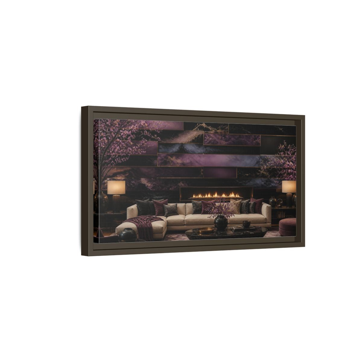 Side Mockup 7. Living Room Plum Panel Fireplace shown as framed canvas print