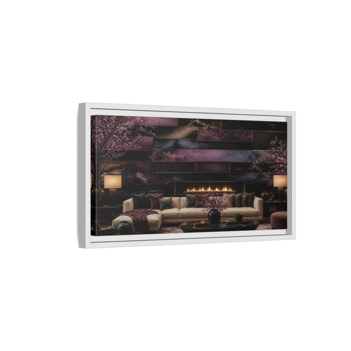 Side Mockup 6. Living Room Plum Panel Fireplace shown as framed canvas print