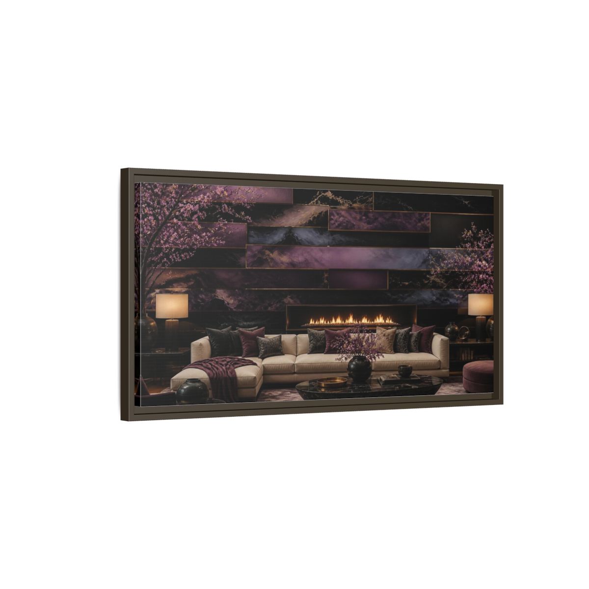 Main Mockup. Living Room Plum Panel Fireplace shown as framed canvas print