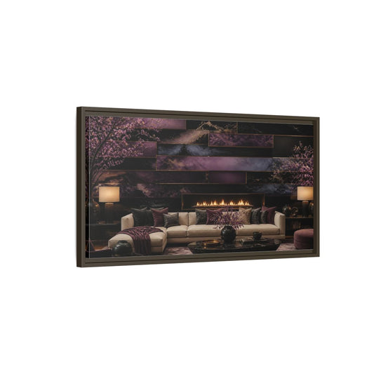 Main Mockup. Living Room Plum Panel Fireplace shown as framed canvas print