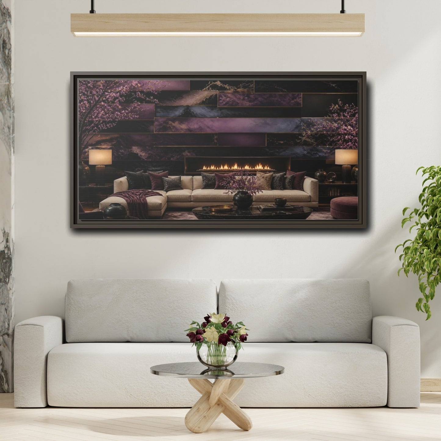 Mockup 2. Living Room Plum Panel Fireplace shown as framed canvas print