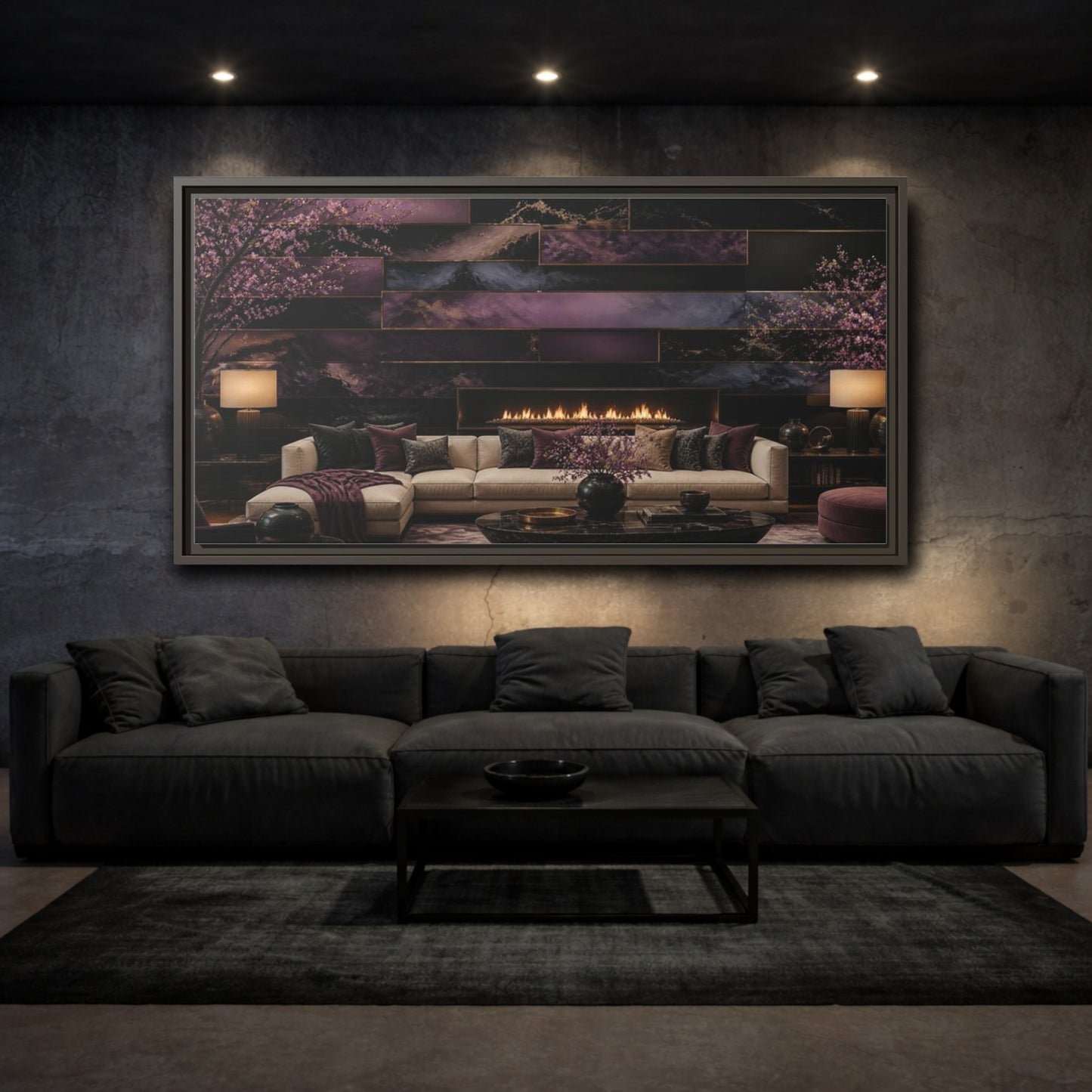 Mockup 3. Living Room Plum Panel Fireplace shown as framed canvas print