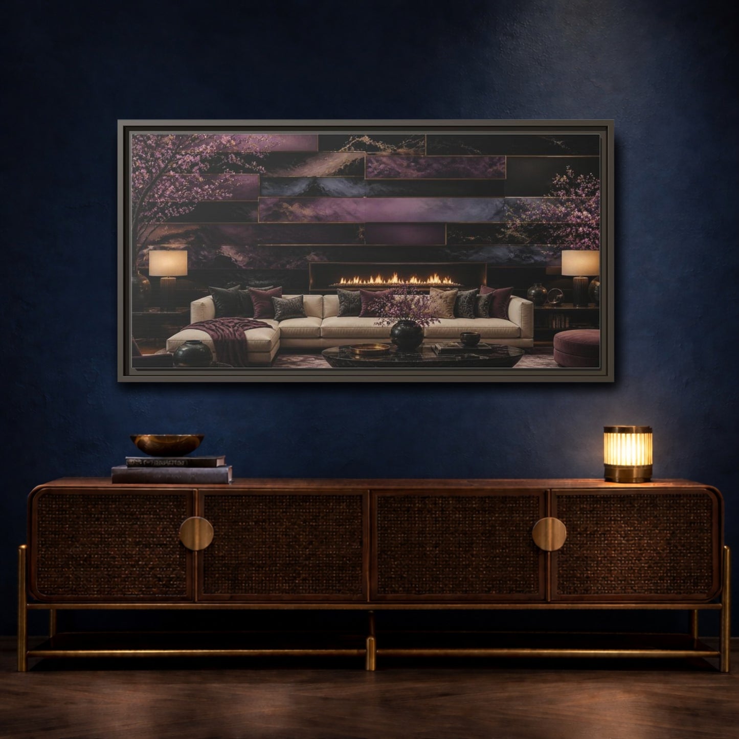 Mockup 4. Living Room Plum Panel Fireplace shown as framed canvas print