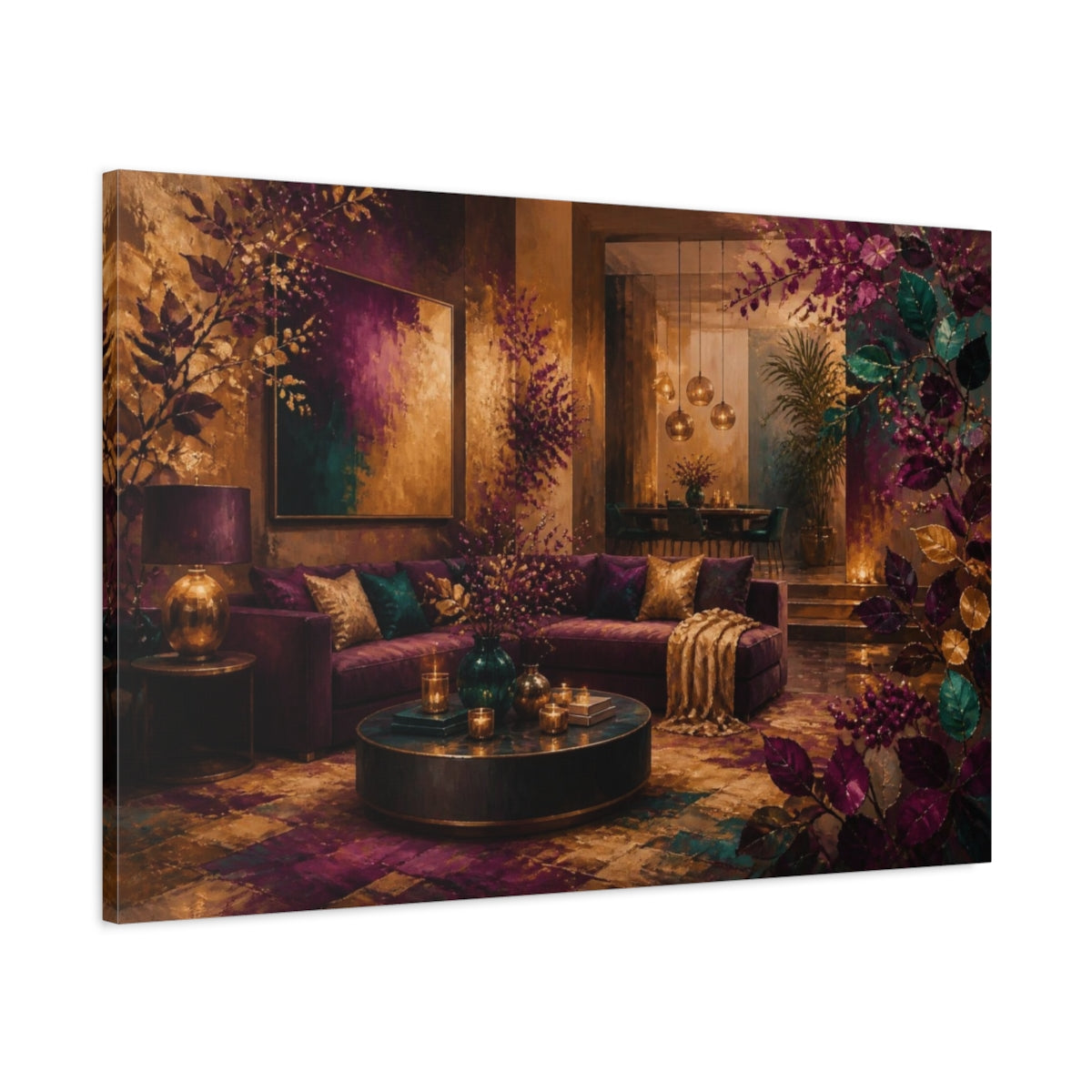 Main Mockup. Living Room Plum Sofa shown as canvas print