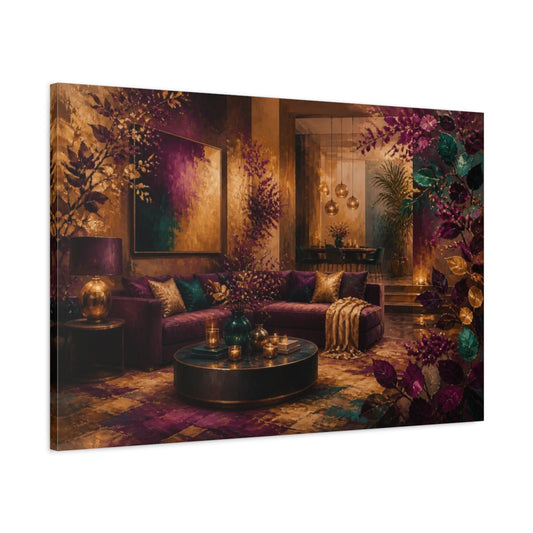 Main Mockup. Living Room Plum Sofa shown as canvas print