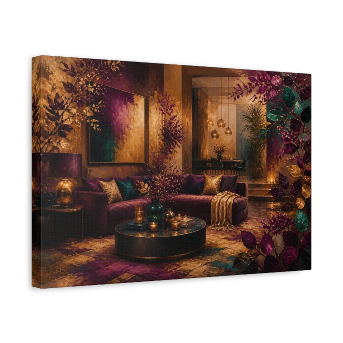 Side Mockup 4. Living Room Plum Sofa shown as canvas print